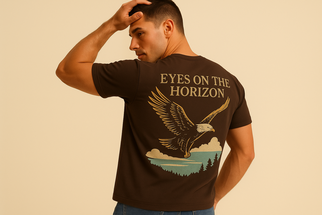 Male model in brown Eyes on the Horizon t-shirt - back view